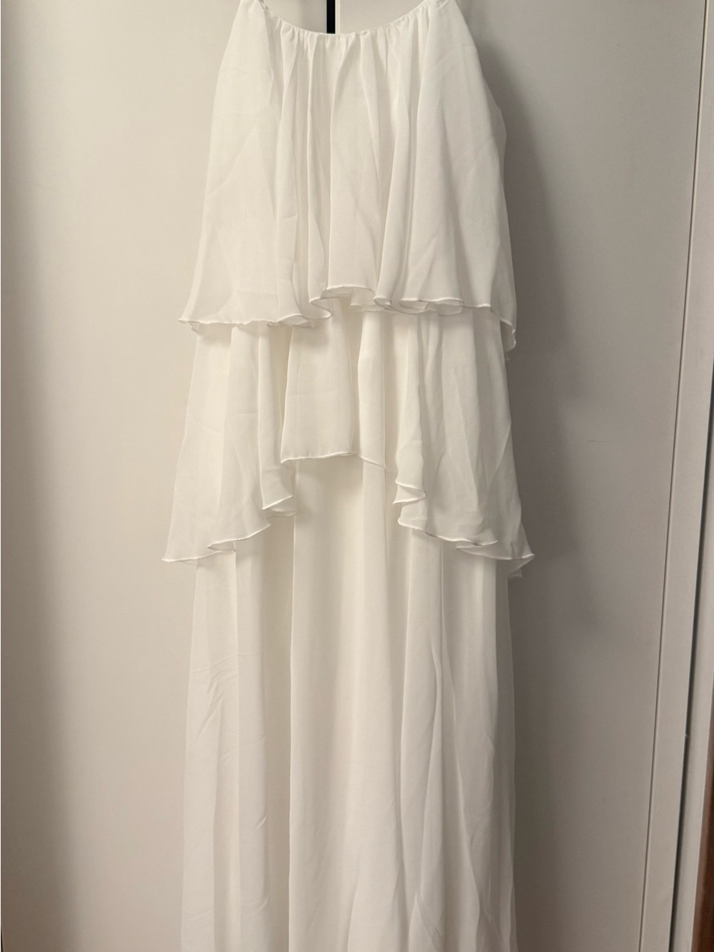 White Tiered Chiffon Maxi Dress with Ruffle Overlay
